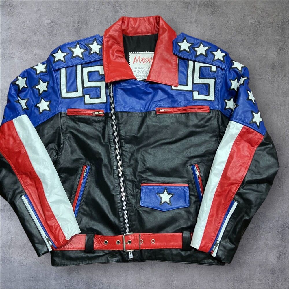 L.A. Roxx Full Grain Leather Vintage Motorcycle Jacket USA Flag Men's Size M